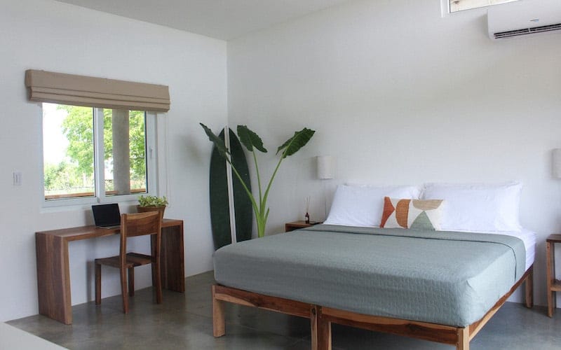 Bright minimalist bedroom with a wooden bed, bedding, desk with laptop, and plants.