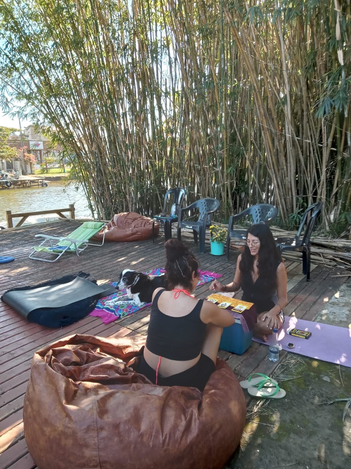 Two guests relaxing and chatting on beanbags by the water under bamboo with a dog at Nômades Riverside, Florianópolis