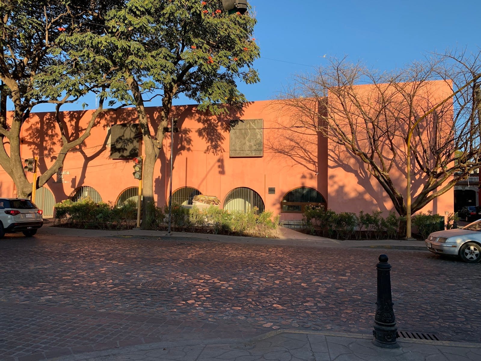 Front facade of Outsite Oaxaca City — the pink colonial building viewed from the cobblestone plaza, with mature trees casting afternoon shadows