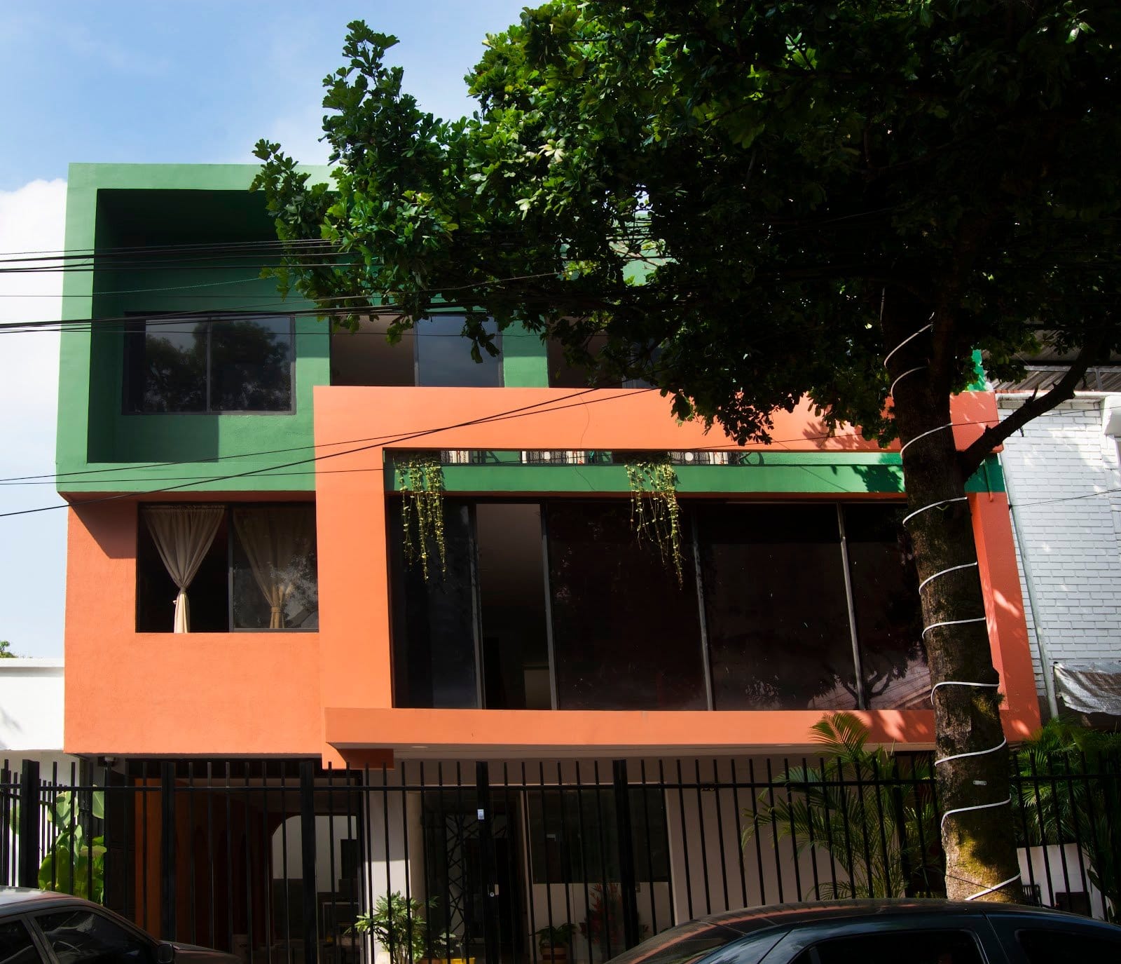 Distinctive green and orange facade of Bohemia Boutique Hostel Cali framed by tropical trees