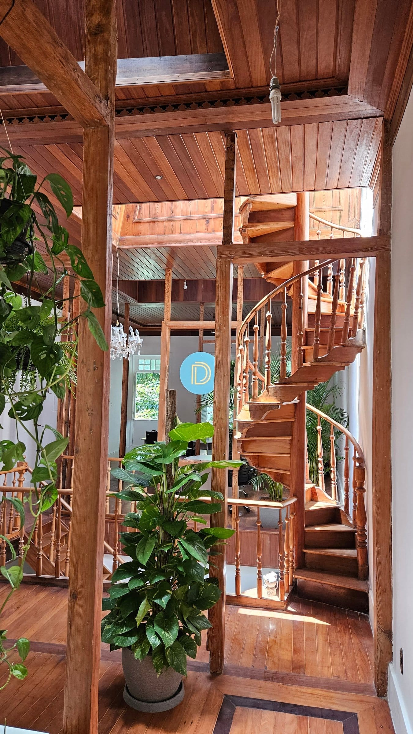 Wooden spiral staircase and plant-filled atrium at Draper Startup House by Lawi, Rio de Janeiro