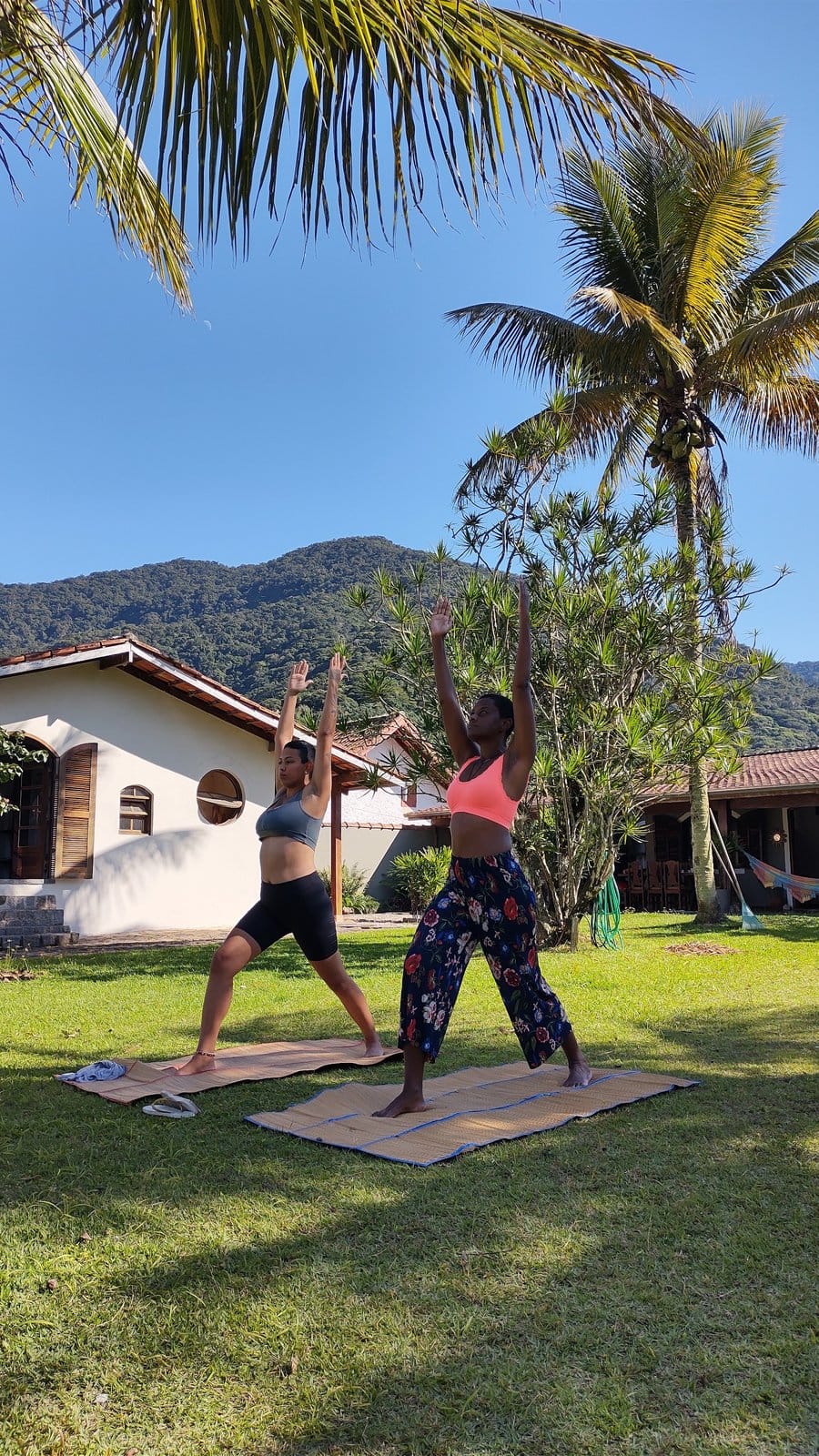 Guests practicing yoga on mats in the garden with a palm tree and mountain backdrop at Tô Aqui Casa de Vivências, Ubatuba