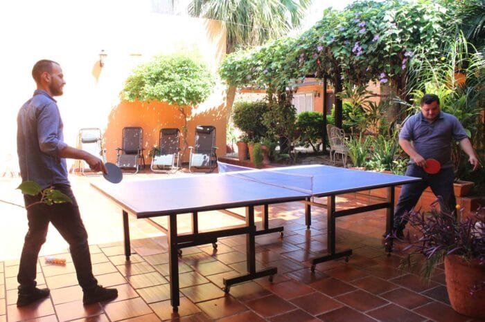 Two men playing table tennis outdoors with garden and furniture in the background.