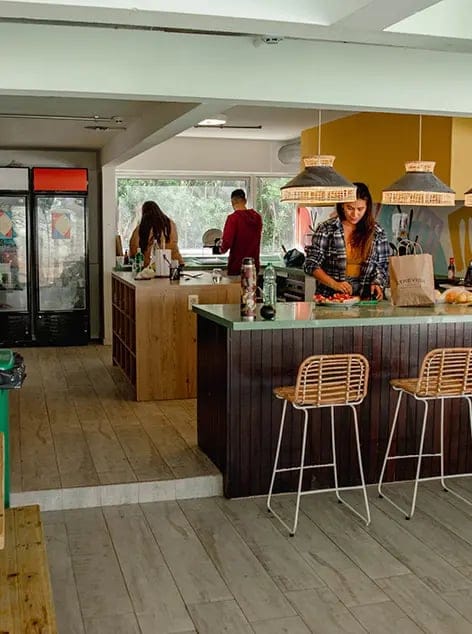 Busy kitchen with people preparing food and colorful walls, bright natural light.