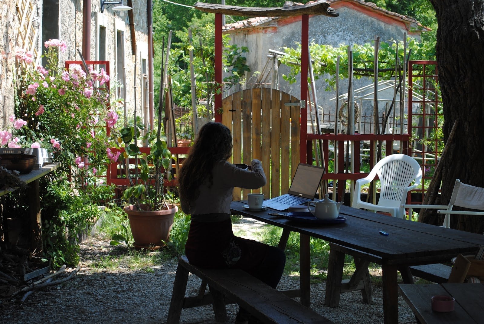 Woman sitting outdoors at a table with laptop and tea, surrounded by plants and garden furniture in daylight.