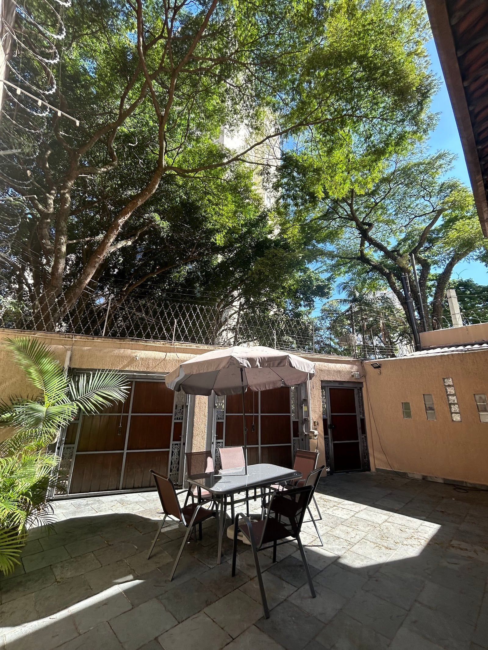 Leafy tree-shaded courtyard with umbrella dining table at Coliving Brooklin in São Paulo