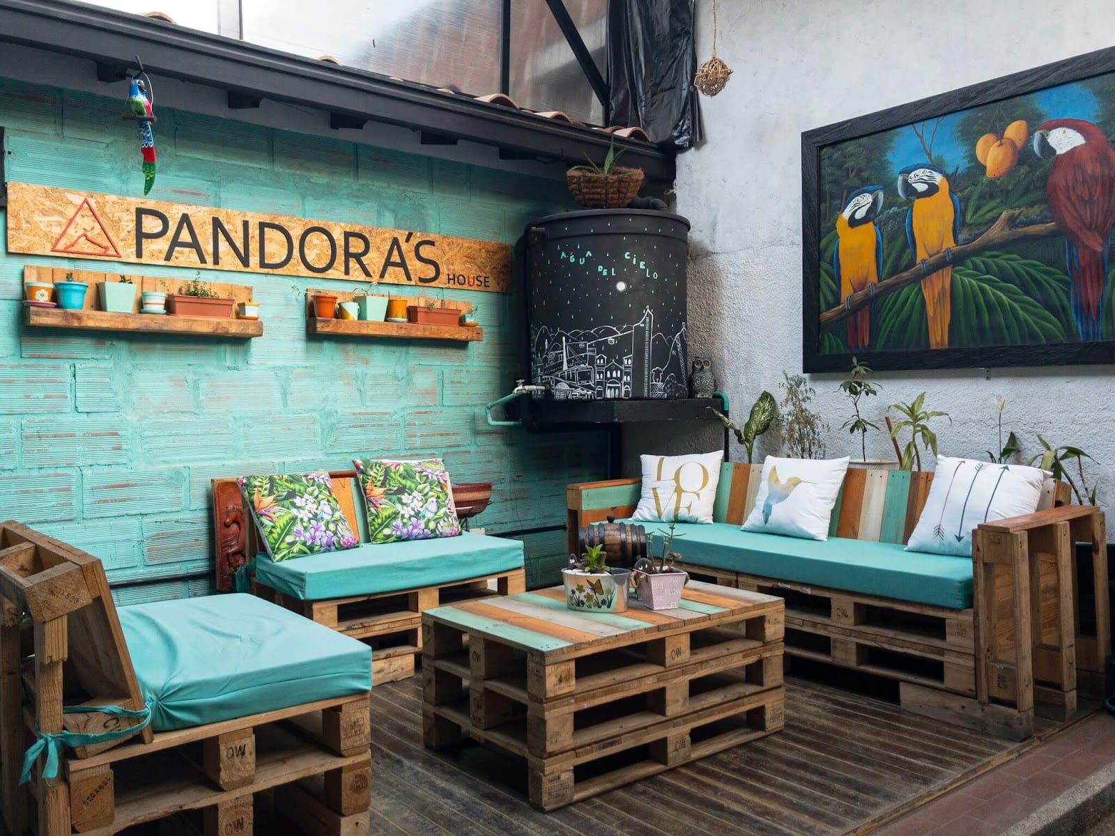 Pandora's House Coliving signature covered patio with teal pallet sofas, parrot mural and potted plants in Envigado
